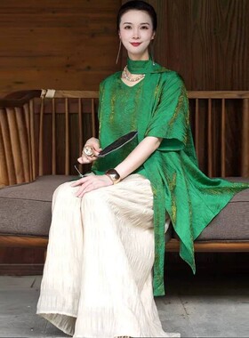 时尚套装女2025夏季新款短袖不规则上衣+中国风打邹裙裤子两件套