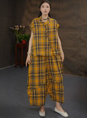 2026夏季文艺复古盘扣气质格子小衫套装女士休闲宽松新中式中国风