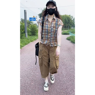POLO领插肩短袖 格子衬衫 2025年夏季 女士薄款 两件套 大口袋哈伦裤