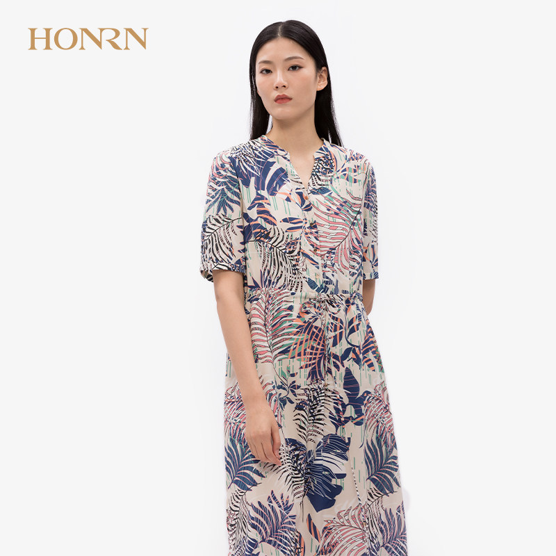 honrn/红人专柜正品夏季女装短袖立领h型连衣裙商场同款hf22ol134