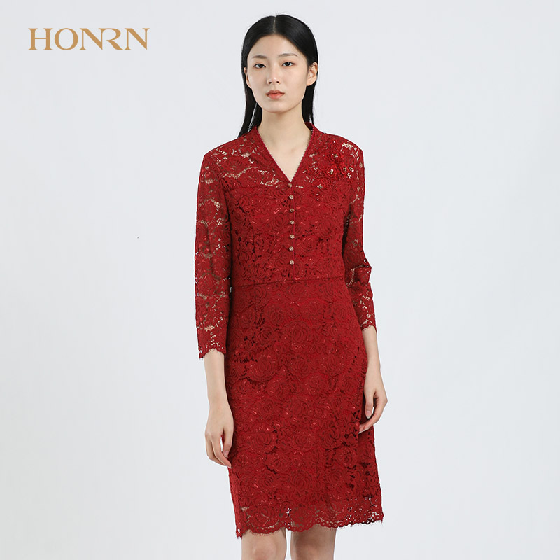 HONRN/红人专柜正品秋季女装V领长袖蕾丝连衣裙商场同款HE33OL344