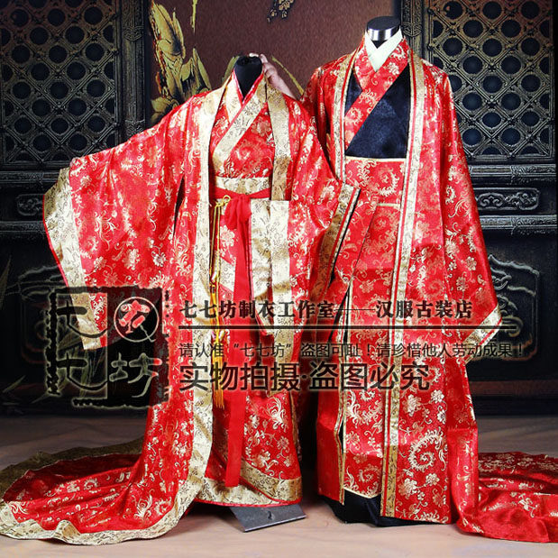 七七坊男士汉服全套华服中国风大拖尾大氅曲裾周制婚服昏服 男女