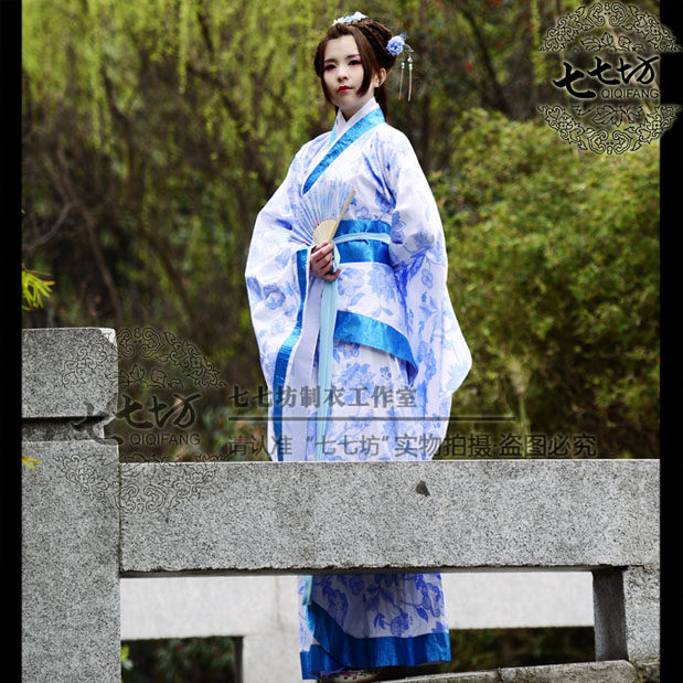 七七坊正规传统秦汉朝春夏汉服华服印花府绸棉双绕长曲裾袍青花瓷