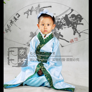 七七坊正统汉服华国学班儿童宝宝男童直裾袍送包子头亲子装少年行