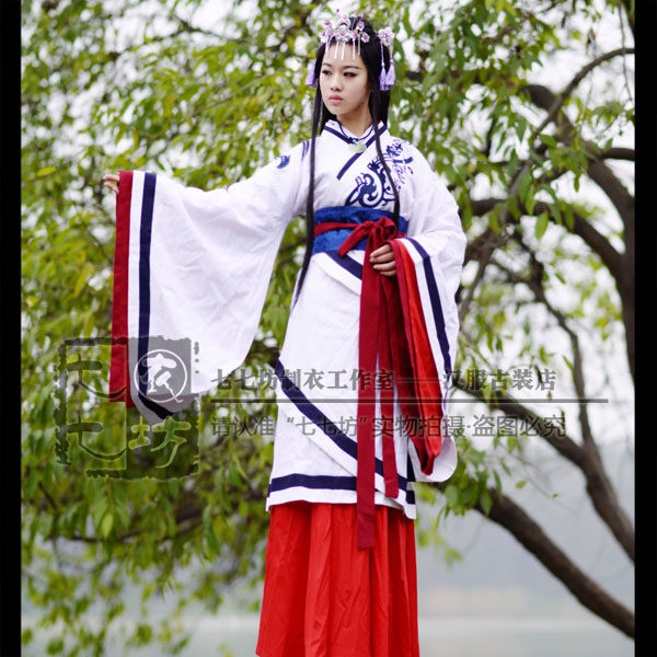 七七坊正规汉服华服秦绣花中国风棉麻三重衣双绕曲裾大袖中衣整套