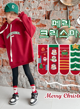 儿童圣诞袜秋冬季纯棉喜庆红色中筒袜男童女童圣诞节宝宝卡通棉袜