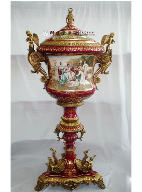 陶瓷配铜做旧手工彩绘装饰摆件