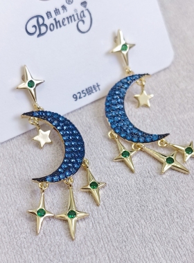 星星月亮耳环蓝色锆石个性甜酷暗黑系耳钉小众设计感辣妹独特耳饰