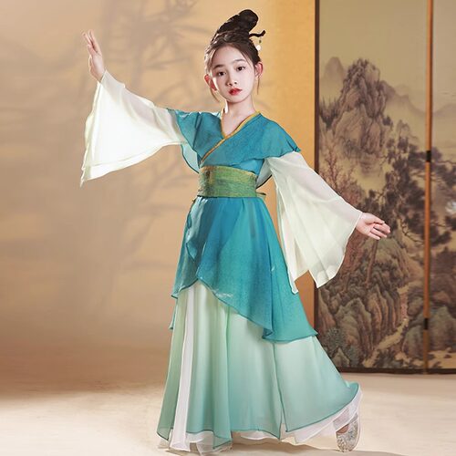 女童汉服儿童新中式古筝演出服古典舞蹈服超仙古装只此青绿表演服