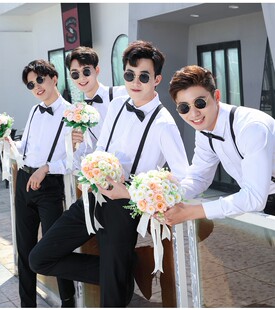 伴郎服白衬衫兄弟团衣服结婚西装礼服男西服马甲背带春夏衬衣服装