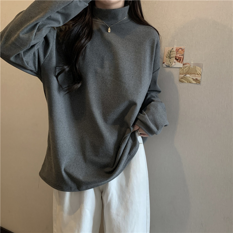 秋冬新款纯色中长款高领防风卫衣中长款遮臀显瘦遮肉长袖上衣女