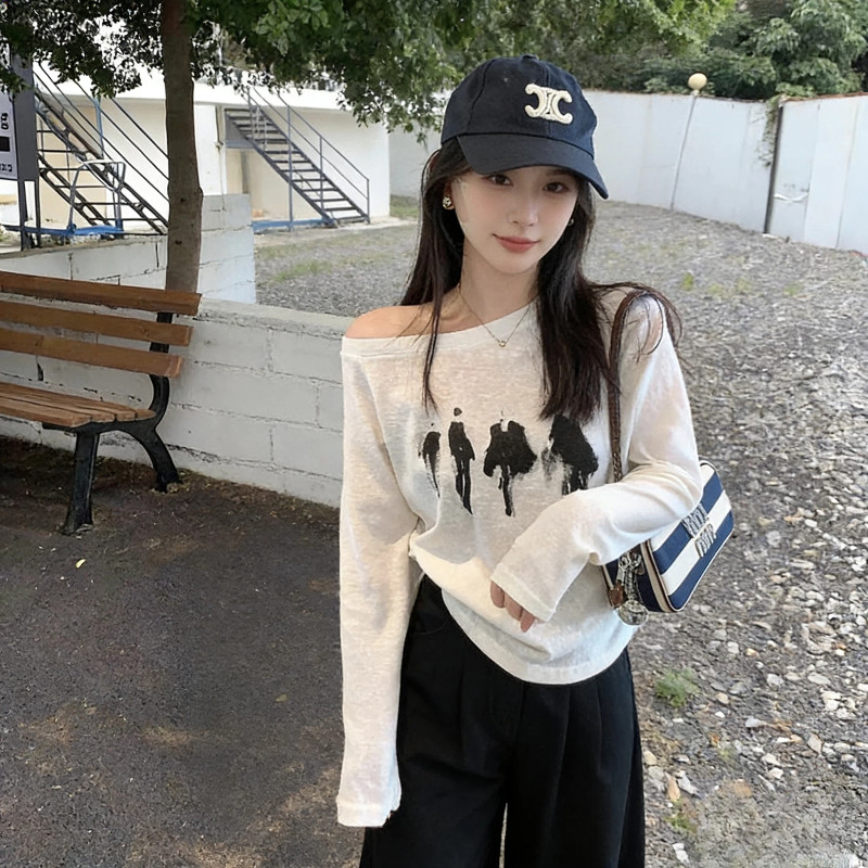 艺术小众印花斜露肩修身显瘦夏季外搭长袖T恤设计感斜领短款罩衫图片