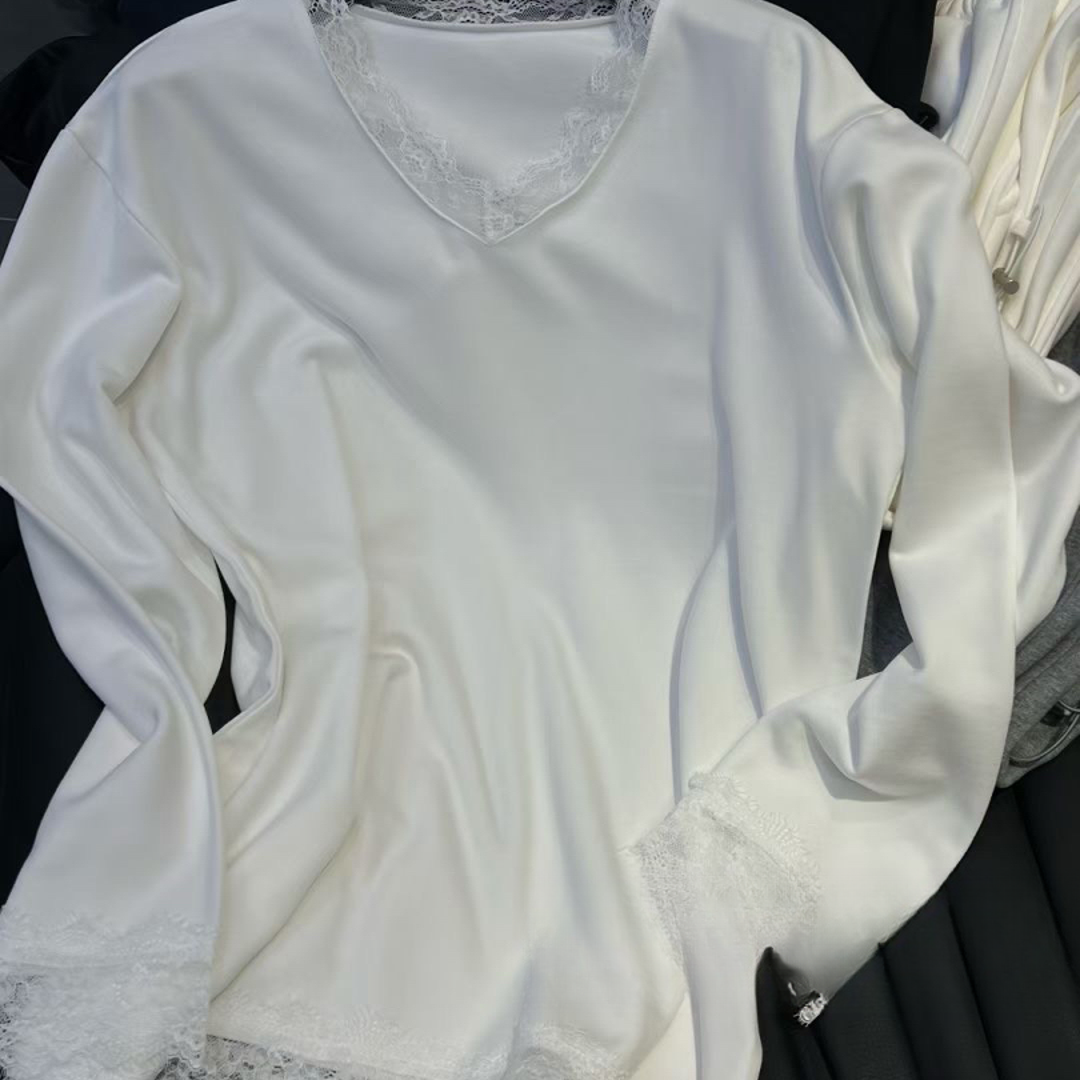 百搭宽松打底衫上衣潮流白色v领长袖蕾丝拼接T恤女秋冬新款中长款