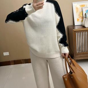 2024年秋冬羊毛撞色圆领打底针织衫 毛衣外套 慵懒风黑白金线拼袖