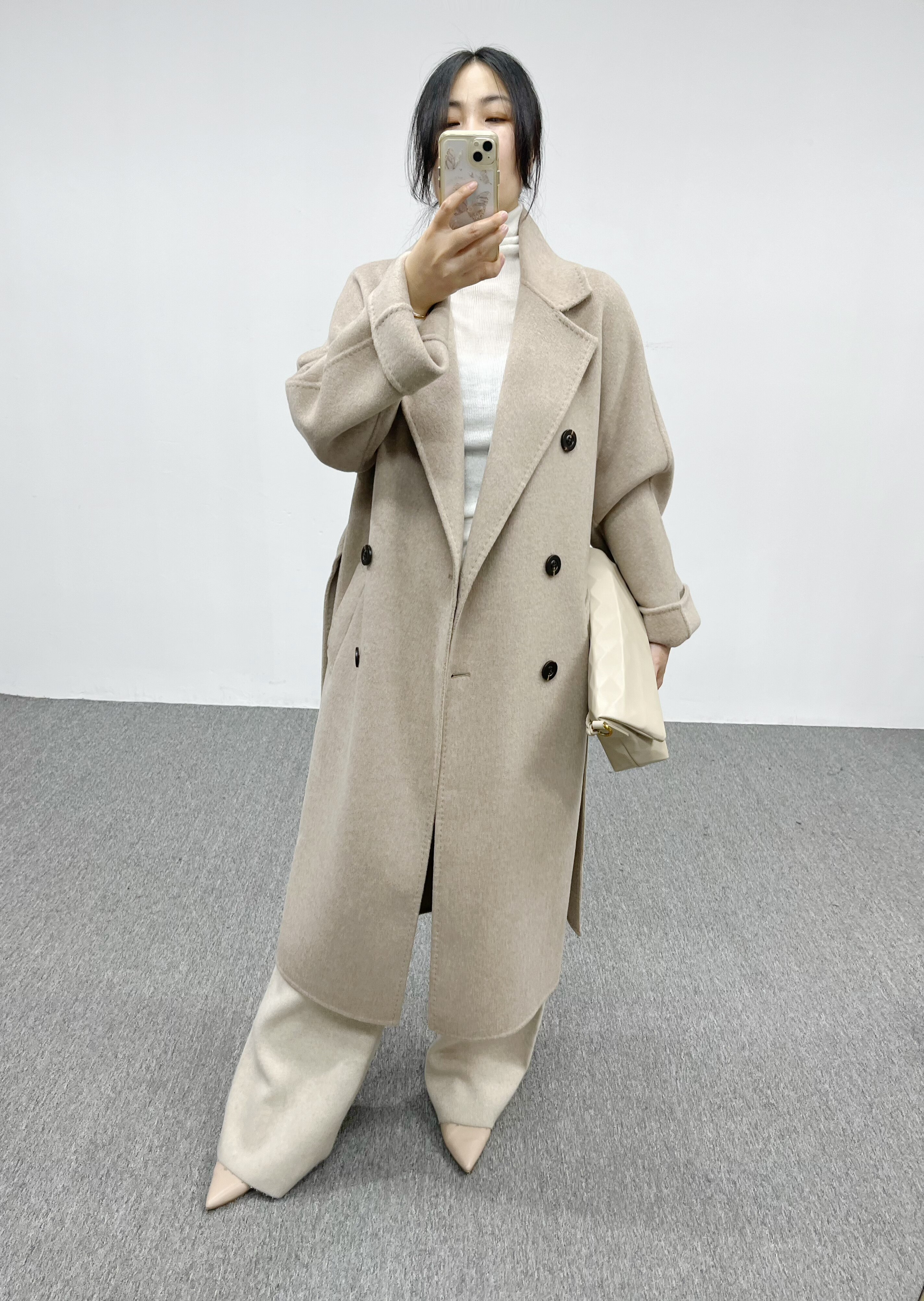 秋冬新品欧洲站双面羊绒大衣女时尚双排扣配腰带中长款毛呢外套