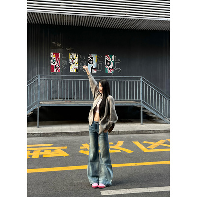 美式复古微喇叭牛仔裤女大码显瘦