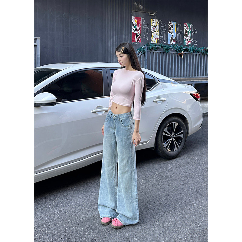 依琳家美式复古高街阔腿牛仔裤女秋冬2025新款浅蓝色高腰直筒长裤
