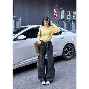 依琳家美式复古阔腿牛仔裤子女秋冬2026新款宽松带钻爆闪直简高腰