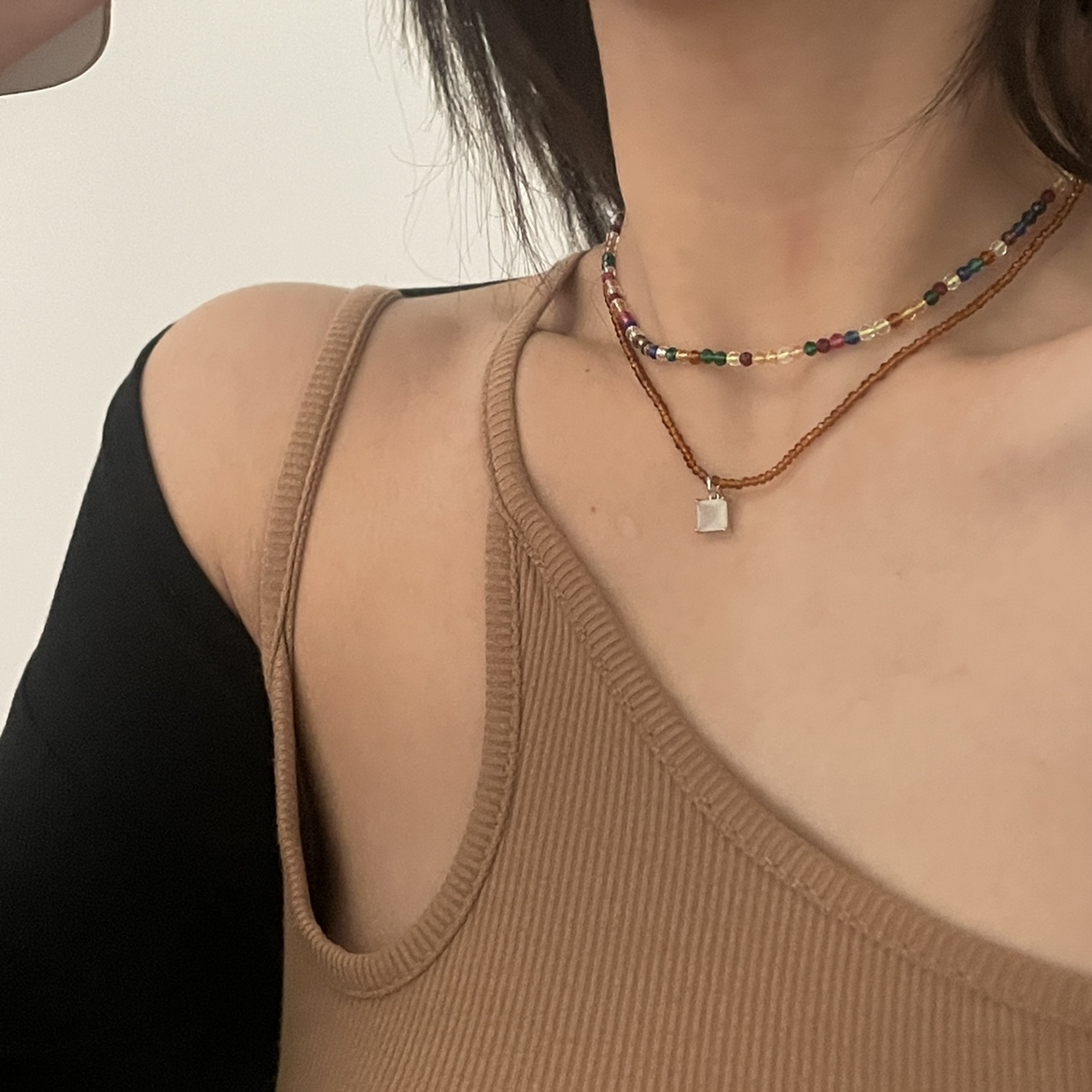 willa|超仙ins咖色系彩色串珠项链双层叠戴森系小众设计简约项链