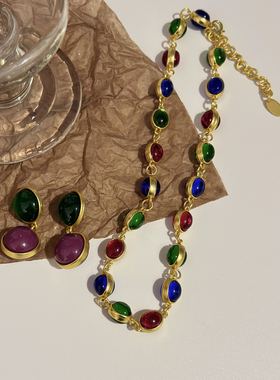 Willa｜欧美重工中古vintage复古琉璃小众项链彩色高级锁骨链耳环