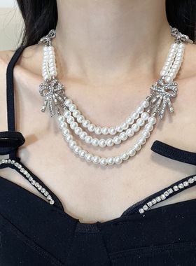 Willa｜复古vintage多层珍珠蝴蝶结项链小众气质高级感锁骨链项链