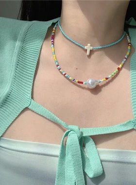 Willa｜串珠十字架项链彩色小米珠叠戴锁骨链度假风项圈choker