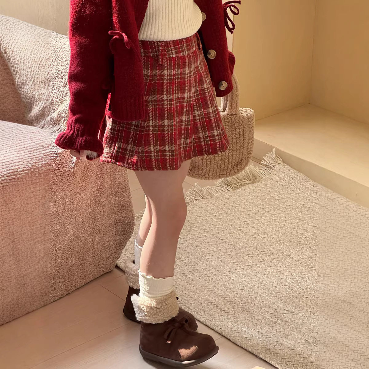 叮羊羊女童2026春季新款韩版俏皮红格子毛呢半身裙女宝宝A字JK短,童装/婴儿装/亲子装,半身裙,淘宝优惠券,粉丝福利购,淘宝优惠卷