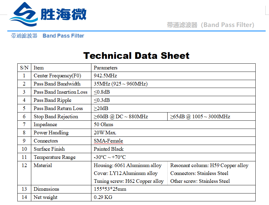 中心频率942.5MHz 925-960MHz 带宽35MHz SMA 高抑制RF带通滤波器