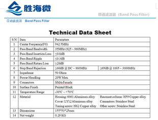 中心频率942.5MHz 925-960MHz 带宽35MHz SMA 高抑制RF带通滤波器
