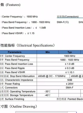 中心频率:1880MHz 1850-1910MHz 20W功率 SMA 射频同轴带通滤波器