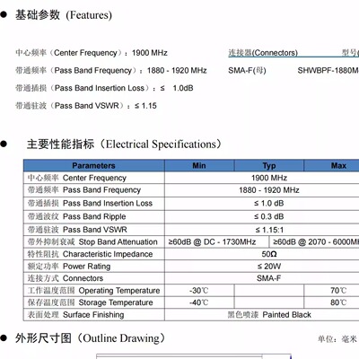 1850-1910MHz20W功率带通滤波器