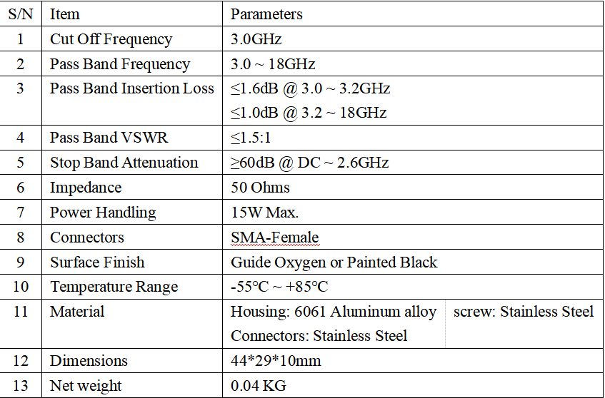 3-18GHz 15W SMA母 高指标 射频微波同轴高通滤波器 现货