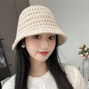 双面可戴镂空水桶帽纯色素颜盆帽大头围帽子 针织渔夫帽女春秋新款