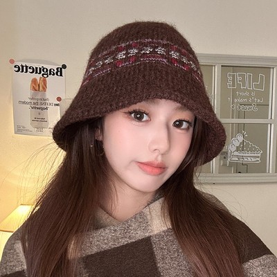 费尔岛针织渔夫帽女秋冬保暖护耳复古提花水桶帽子百搭显脸小盆帽