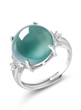 s925银镶天然A货翡翠蓝水蛋面戒指女款冰种玉石椭圆指环简约饰品