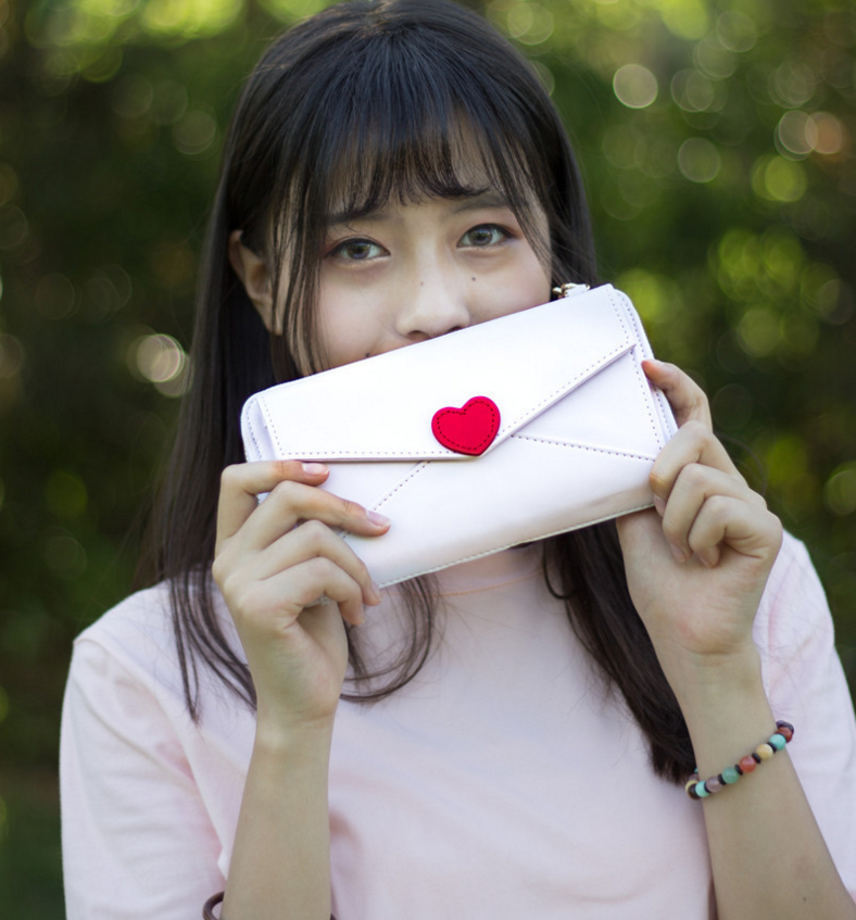 新款女日系学院风软妹甜美少女桃心信封钱包情书斜挎