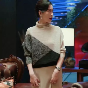 许我耀眼温峥嵘于岚同款 上衣女潮2025 高领毛衣拼接撞色宽松针织衫