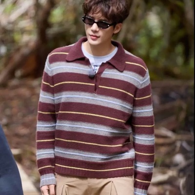 现在就出发3王安宇同款毛衣男衣服秋冬翻领条纹针织衫上衣男女潮