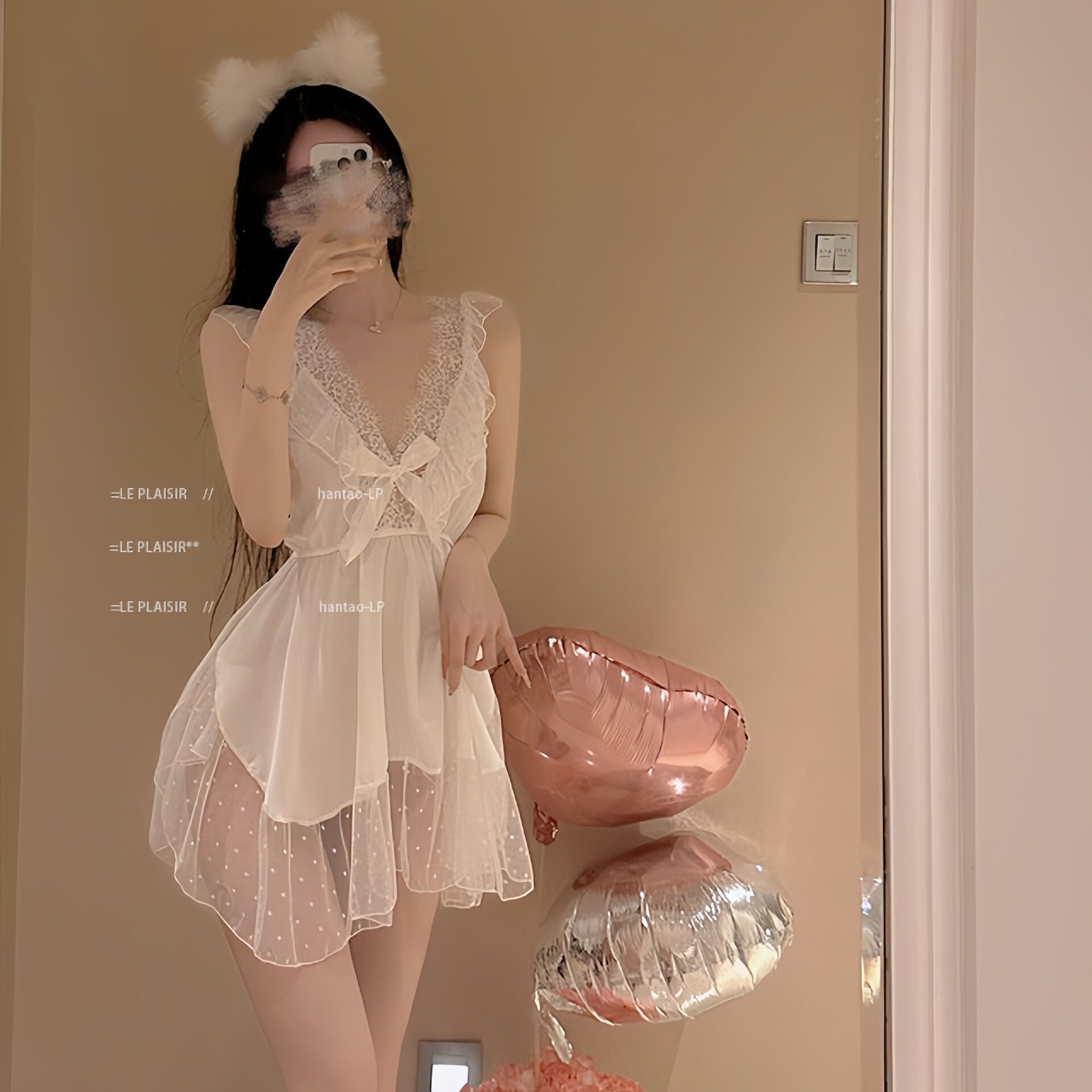 新品性感波点网纱睡衣甜美蝴蝶结吊带睡裙女式家居服套装悄趣内衣