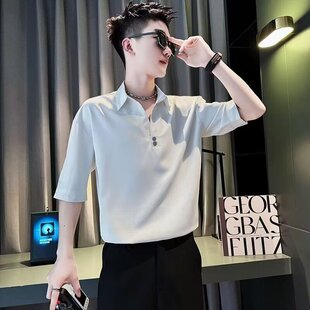 高级感白色衬衫男士夏季薄款冰丝小衬衣男装潮流痞帅纯色短袖上衣