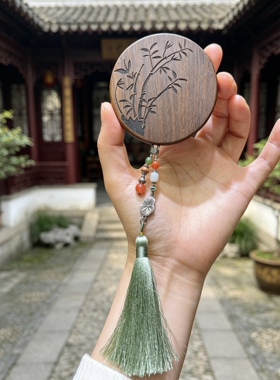 原创设计檀木小圆镜子手工雕刻南红翡翠三七银配件挂坠编绳流苏