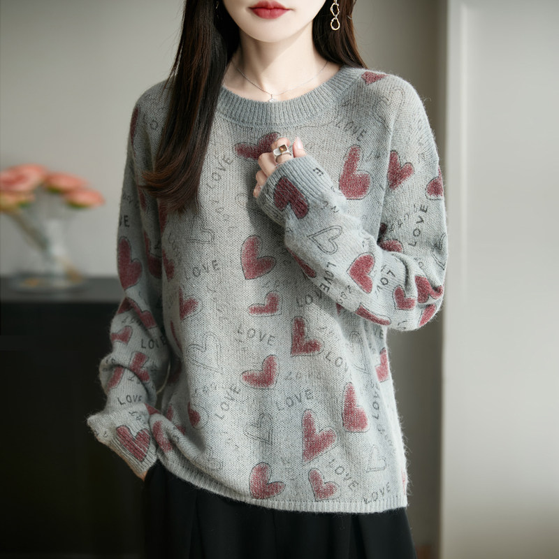 秋冬女加厚圆领印花毛衣套头针织衫长袖上衣宽松毛衫针织衫