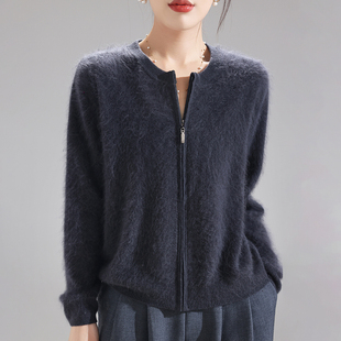 秋冬拉绒100纯羊毛拉链开衫女圆领加厚针织毛衣外搭宽松羊绒外套