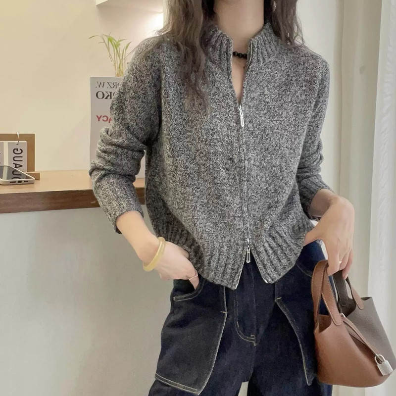 花纱系宽松短款立领羊绒针织开衫女秋冬加厚拉链外套小个子羊毛衫