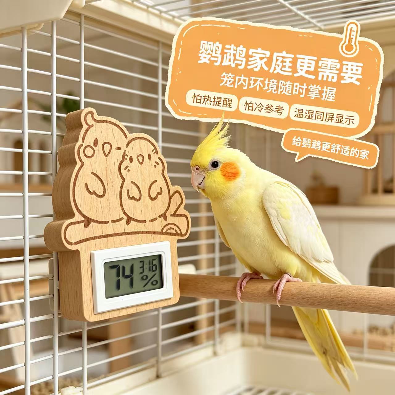 木质鹦鹉温度计玄凤鸟用数字显示温湿度计可爱卡通造型宠物用品
