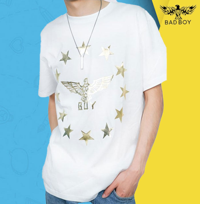 bad boy短袖粉色 正品新款男女同款烫金翅膀宽松休闲t恤情侣半袖