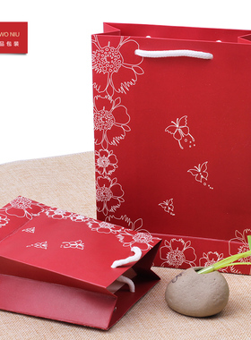 24STD枣红花蝴蝶手提袋服装袋包装袋时尚通用礼品纸袋可定制LOGO