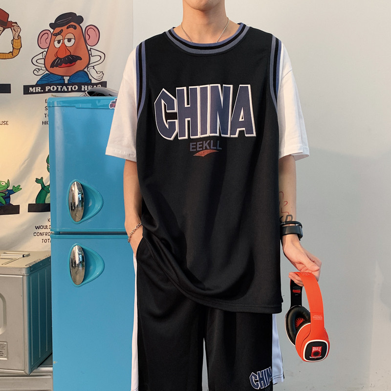 假两件美式篮球运动服套装男短袖短裤搭配一套帅气t恤216B-P65,男装T恤,星座503-2