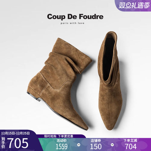 CDF女鞋秋冬季经典复古褶皱堆堆靴时尚简约百搭瘦瘦靴西部靴女