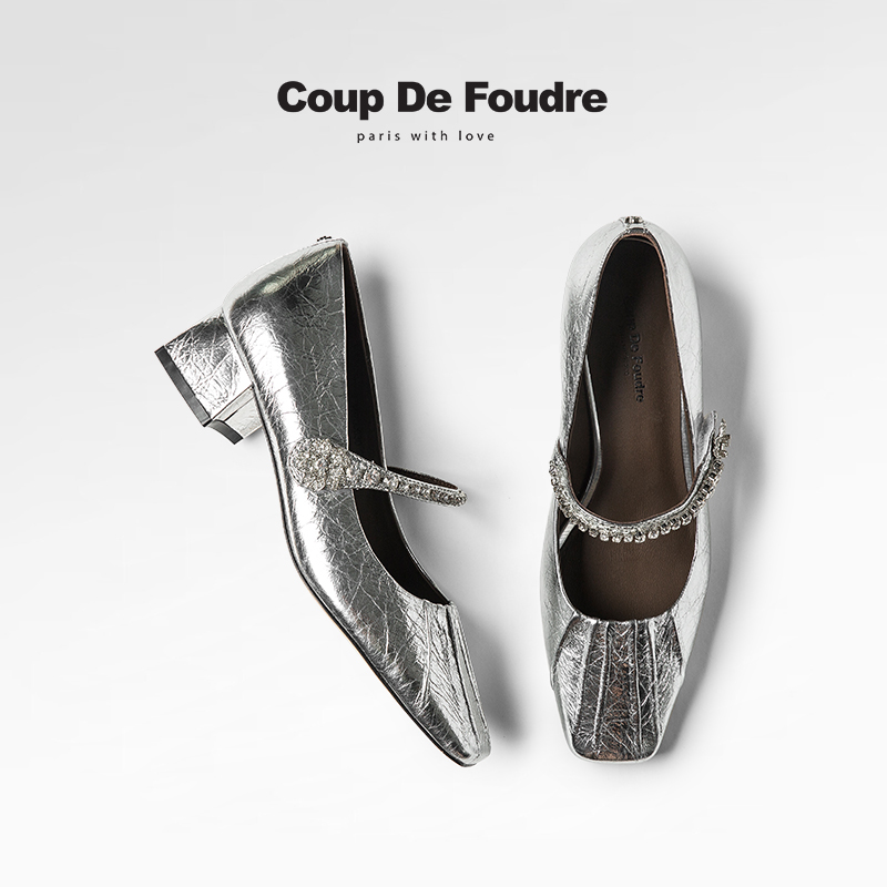 CDF女鞋轻奢秋季新款百搭真皮浅口中跟单鞋水钻优雅银色玛丽珍鞋